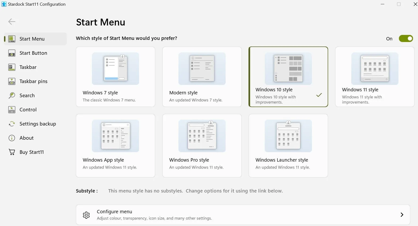 Giao diện ứng dụng Start11 đang tùy chỉnh Start Menu sang kiểu Windows 10.