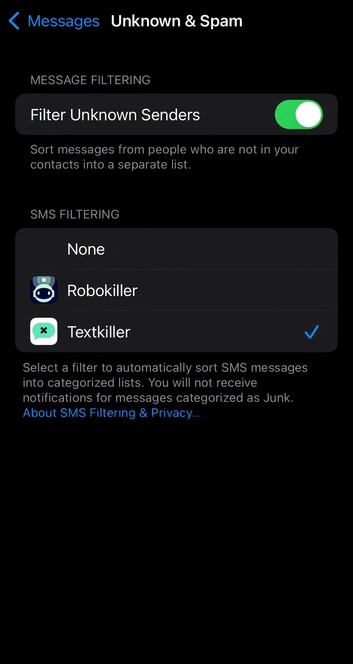 Giao diện ứng dụng TextKiller giúp chặn tin nhắn rác và Smishing hiệu quả