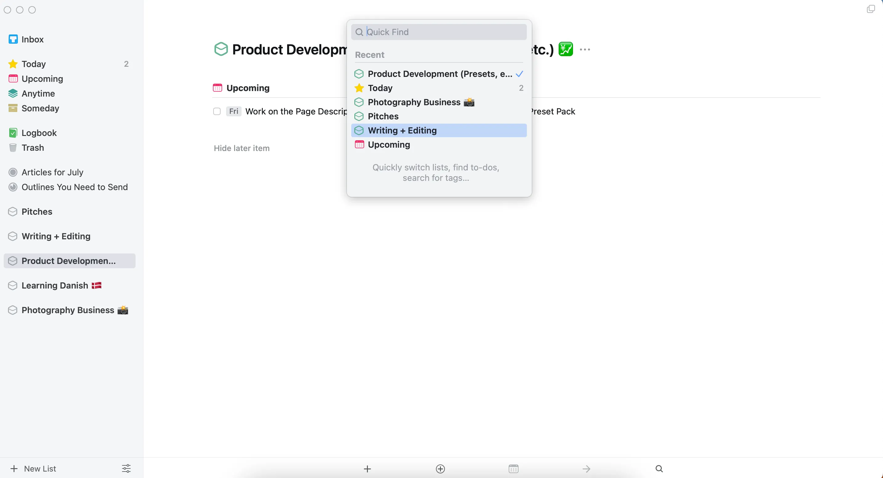 Giao diện ứng dụng Things 3 trên macOS hiển thị một cái nhìn tổng quan sạch sẽ và có tổ chức về các tác vụ, minh họa tính dễ sử dụng và hiệu quả của ứng dụng.