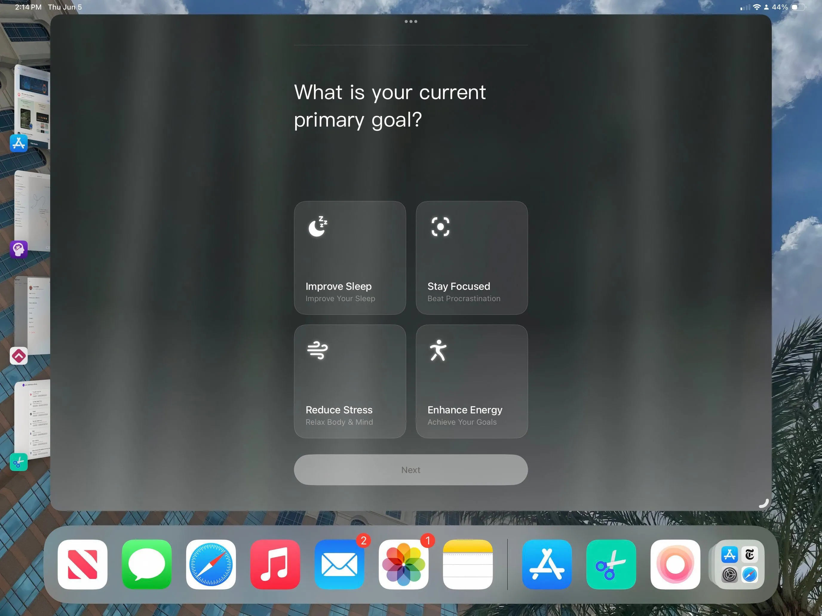 Giao diện ứng dụng TIDE với các chế độ thiền định và âm thanh tự nhiên giúp thư giãn trên iPad