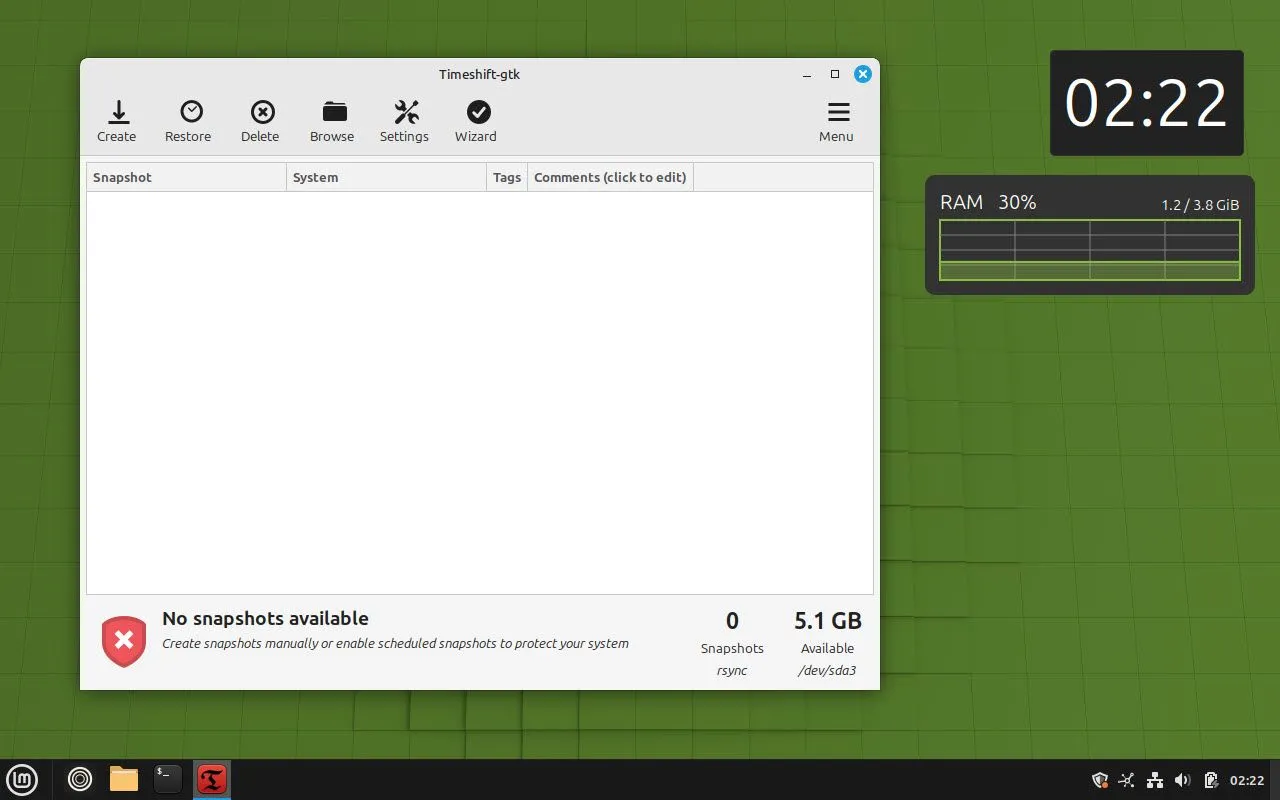 Giao diện ứng dụng Timeshift trong Linux Mint, giúp sao lưu hệ thống dễ dàng và hiệu quả