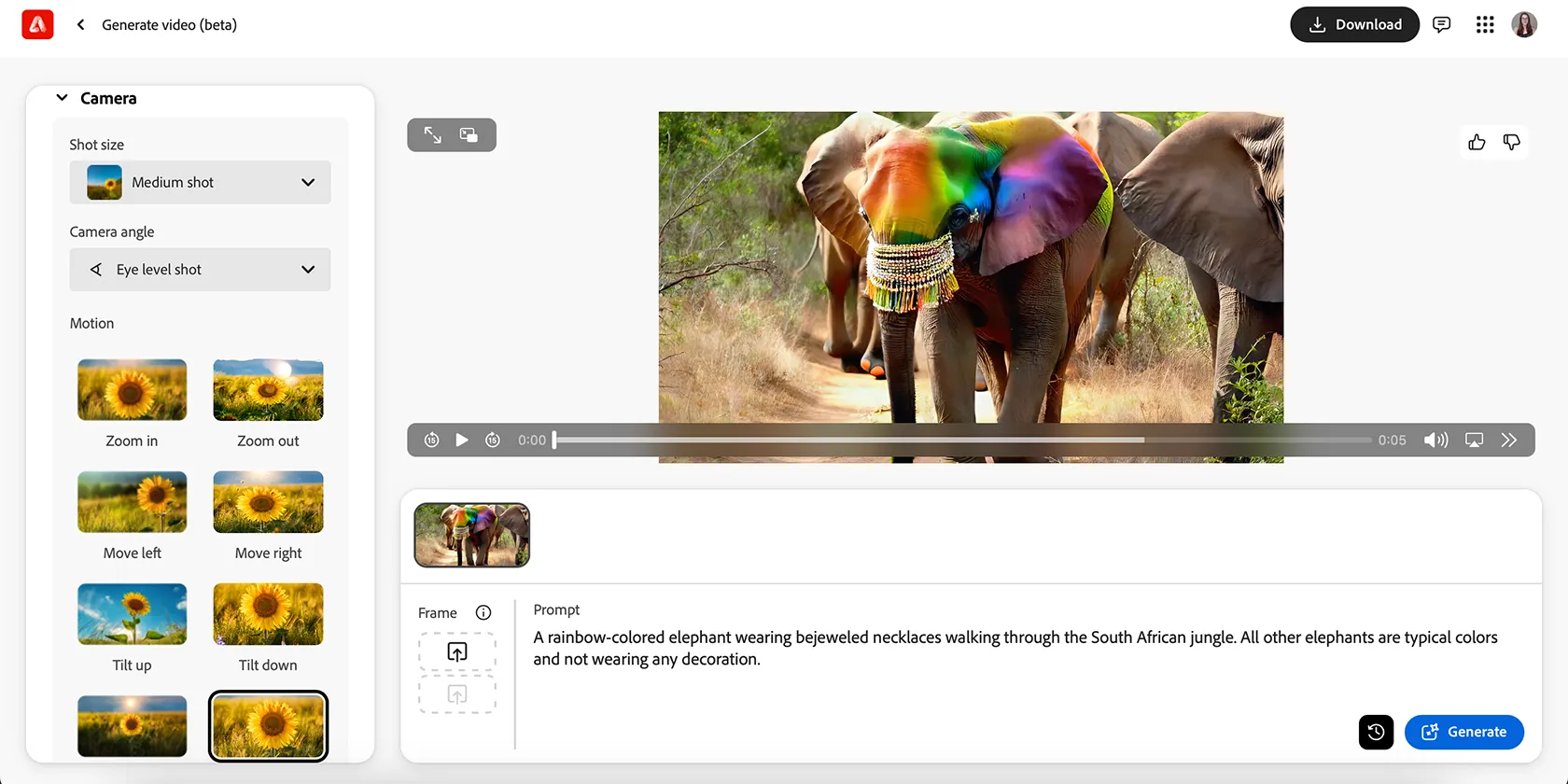 Giao diện ứng dụng web Adobe Firefly hiển thị tính năng tạo video bằng AI từ mô tả văn bản