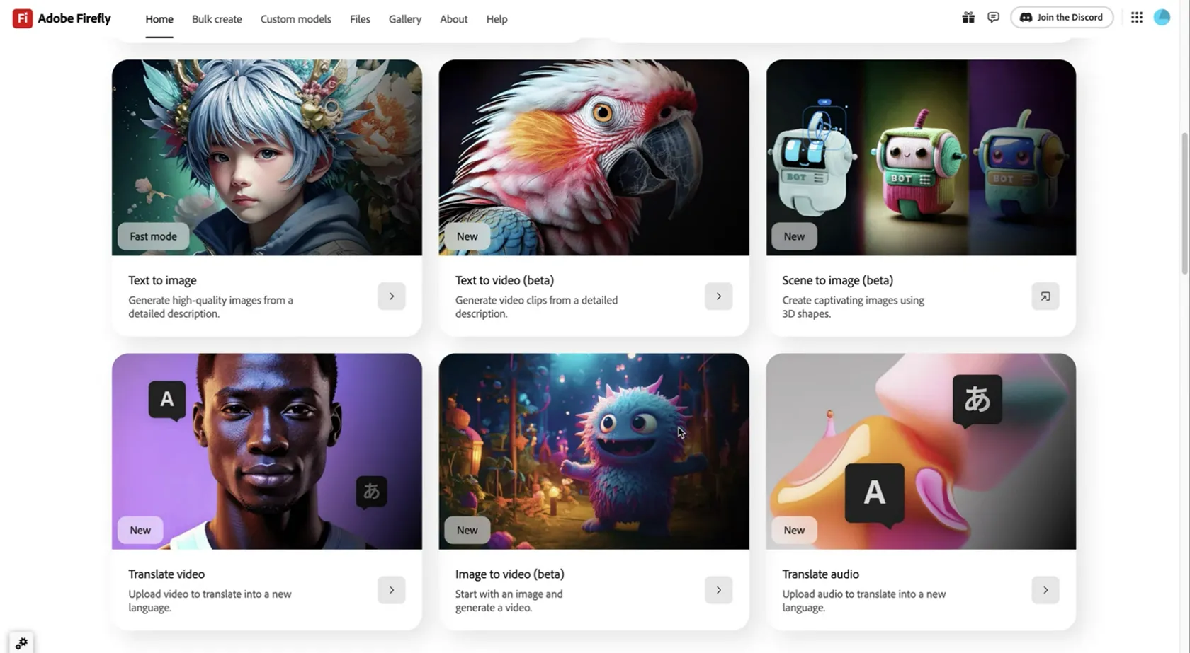 Giao diện ứng dụng web Adobe Firefly mới hiển thị các công cụ AI tạo hình ảnh và video