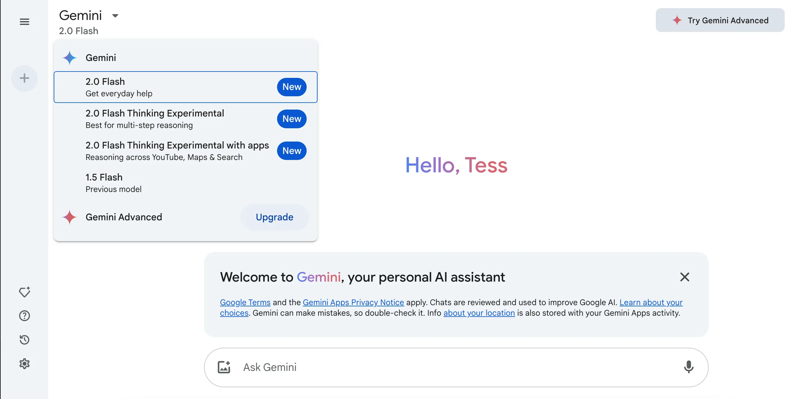 Giao diện ứng dụng web Gemini với menu thả xuống lựa chọn mô hình AI, hiển thị Gemini 2.0 Flash