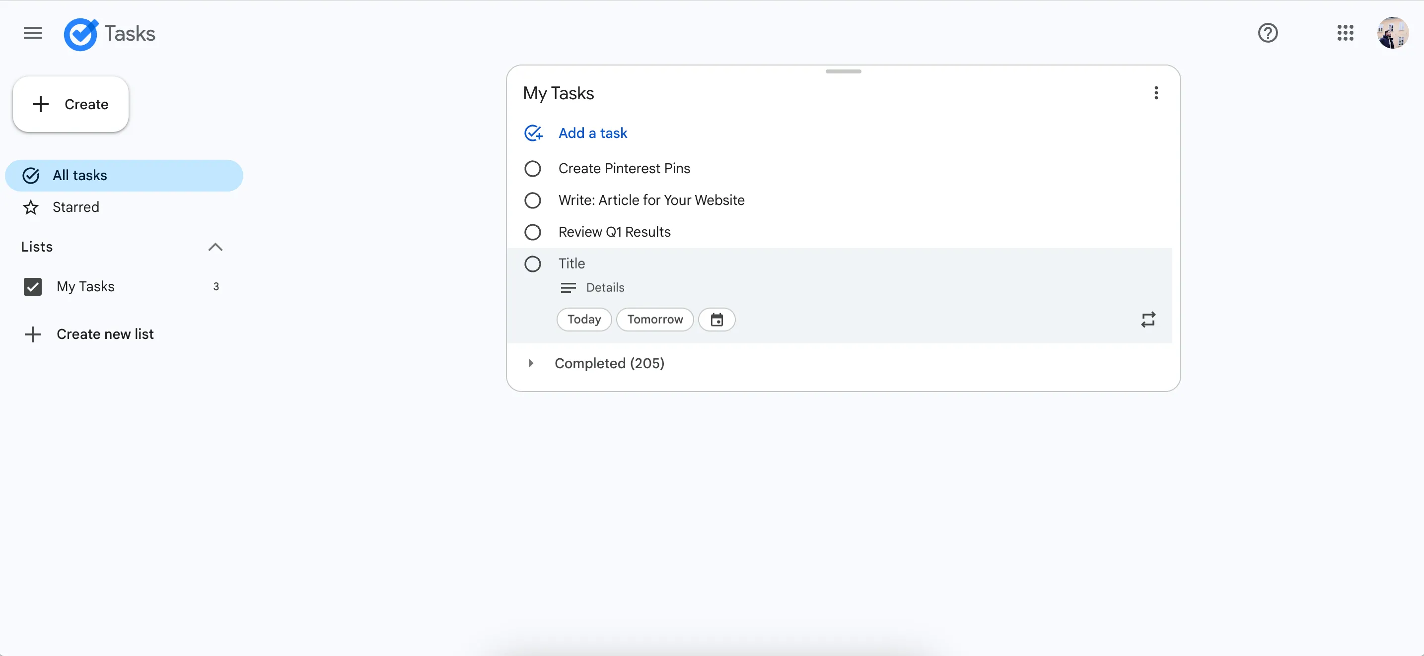 Giao diện ứng dụng web Google Tasks hiển thị các tác vụ hàng ngày và lịch trình đã được lên kế hoạch, cho thấy sự đơn giản và hiệu quả trong việc sắp xếp công việc.