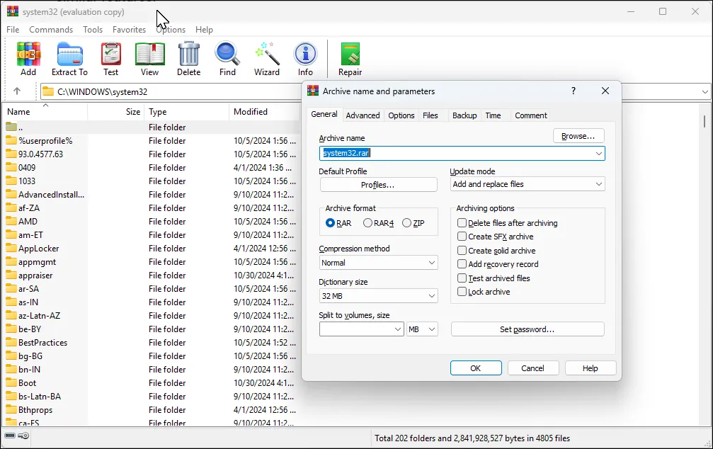 Giao diện ứng dụng WinRAR trên Windows 11 hiển thị hộp thoại nén và quản lý tệp tin.