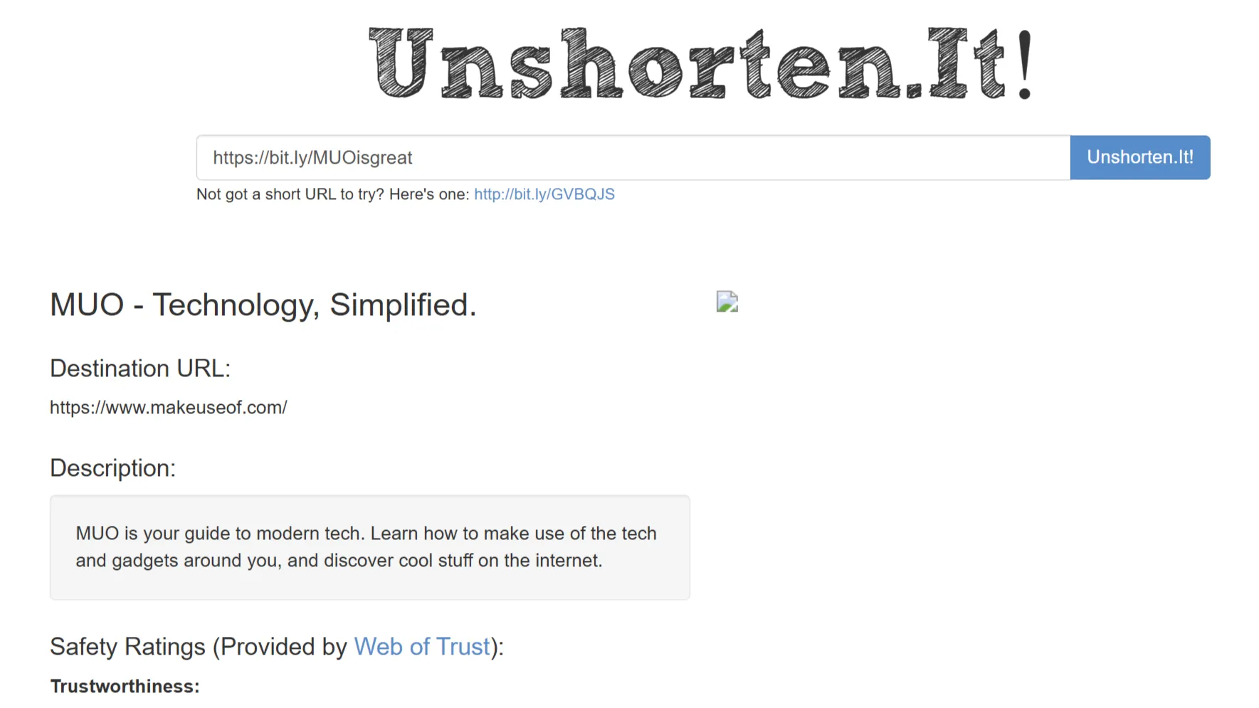 Giao diện Unshorten.it hiển thị địa chỉ gốc của một URL rút gọn