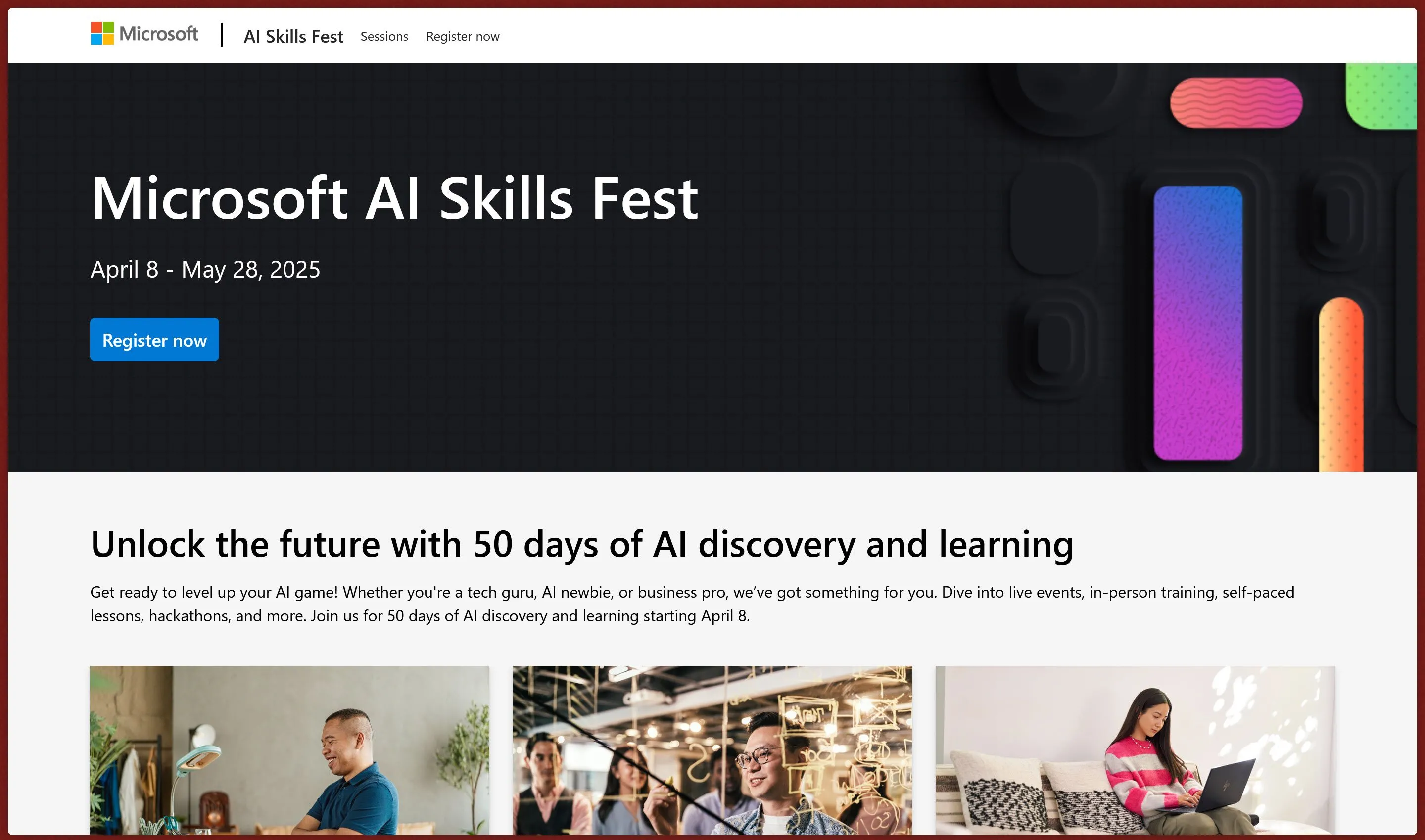 Giao diện website chính thức của sự kiện AI Skills Fest từ Microsoft, giới thiệu các khóa học và chương trình đào tạo AI.