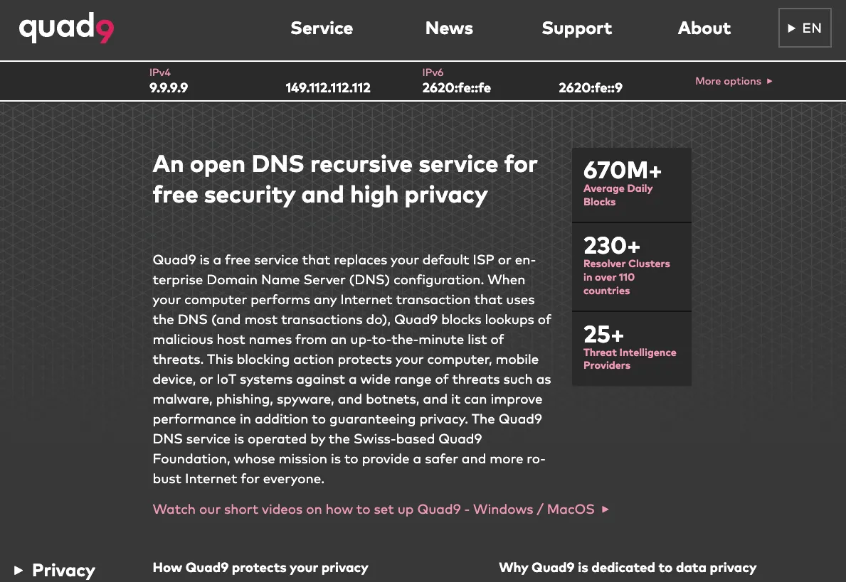 Giao diện website Quad9 minh họa dịch vụ phân giải DNS an toàn và riêng tư