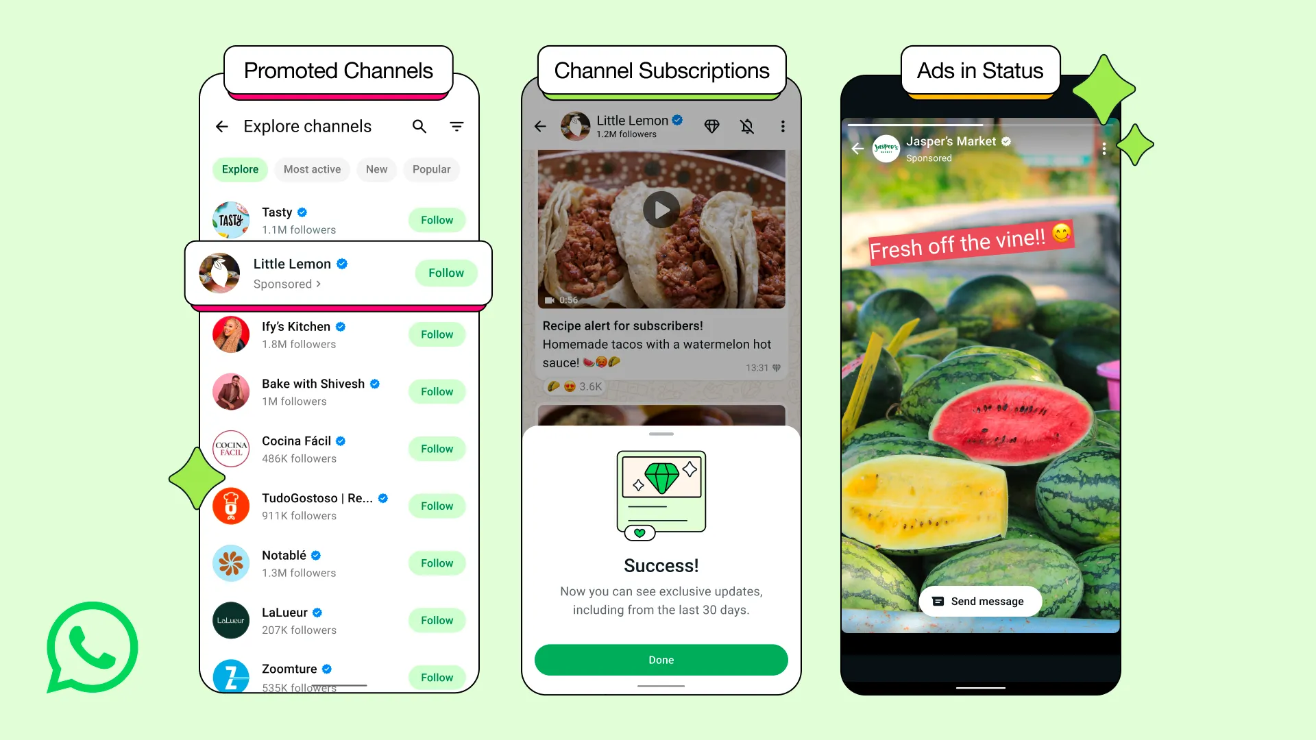 Giao diện WhatsApp hiển thị quảng cáo trong phần Trạng thái (Status) giữa các cập nhật từ bạn bè