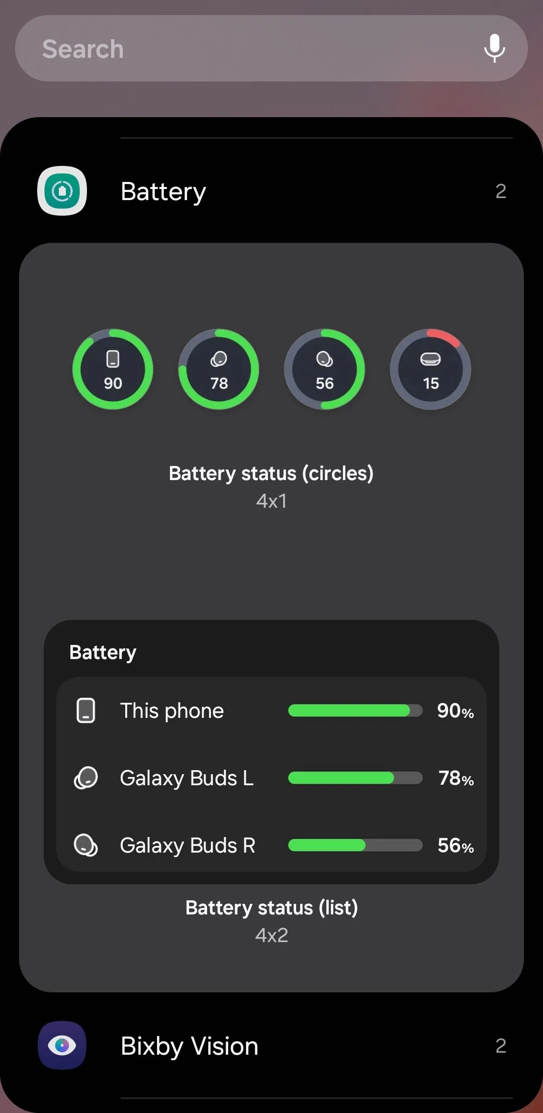 Giao diện widget pin trên điện thoại Samsung hiển thị phần trăm pin của điện thoại, tai nghe Galaxy Buds và đồng hồ Galaxy Watch.