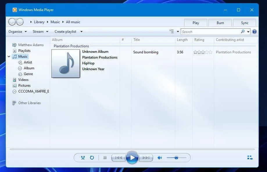 Giao diện Windows Media Player Legacy với các tùy chọn phát nhạc