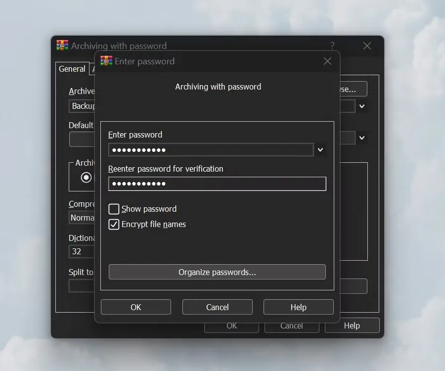 Giao diện WinRAR hiển thị tùy chọn mã hóa AES-256 và đặt mật khẩu cho file nén, giúp bảo vệ dữ liệu trước khi tải lên đám mây.