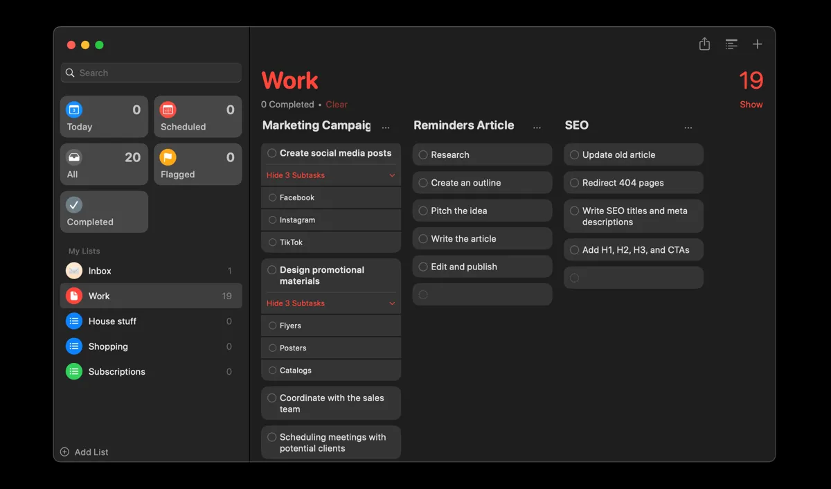 Giao diện xem cột kiểu Kanban trong ứng dụng Reminders của Apple, hỗ trợ trực quan hóa và sắp xếp tác vụ linh hoạt.