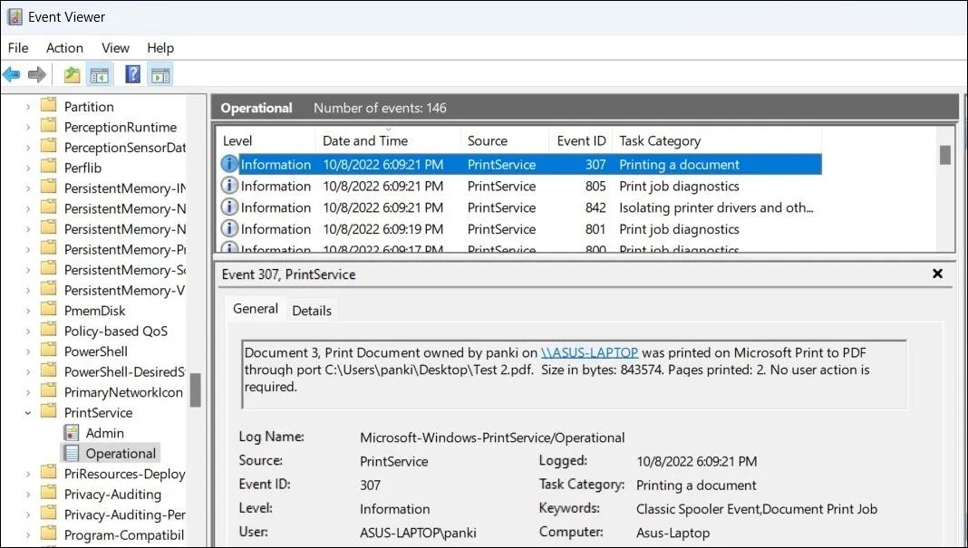 Giao diện xem nhật ký lịch sử in chi tiết trong Event Viewer trên Windows 11