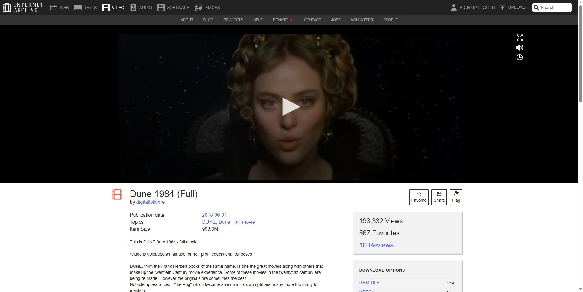 Giao diện xem phim &quot;Dune&quot; (1984) trên Internet Archive