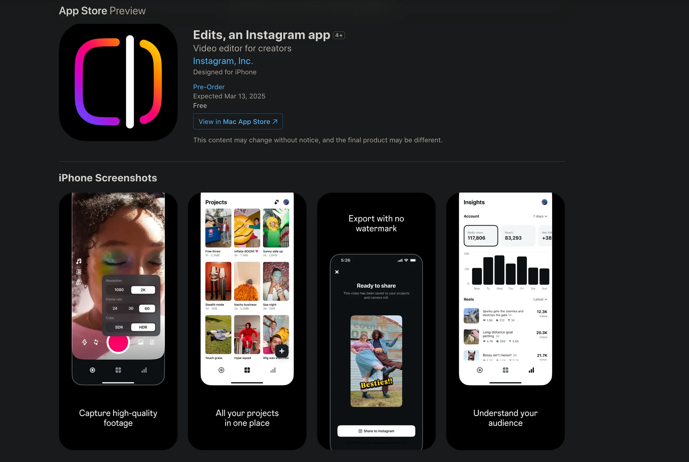 Giao diện xem trước ứng dụng Edits của Instagram trên App Store