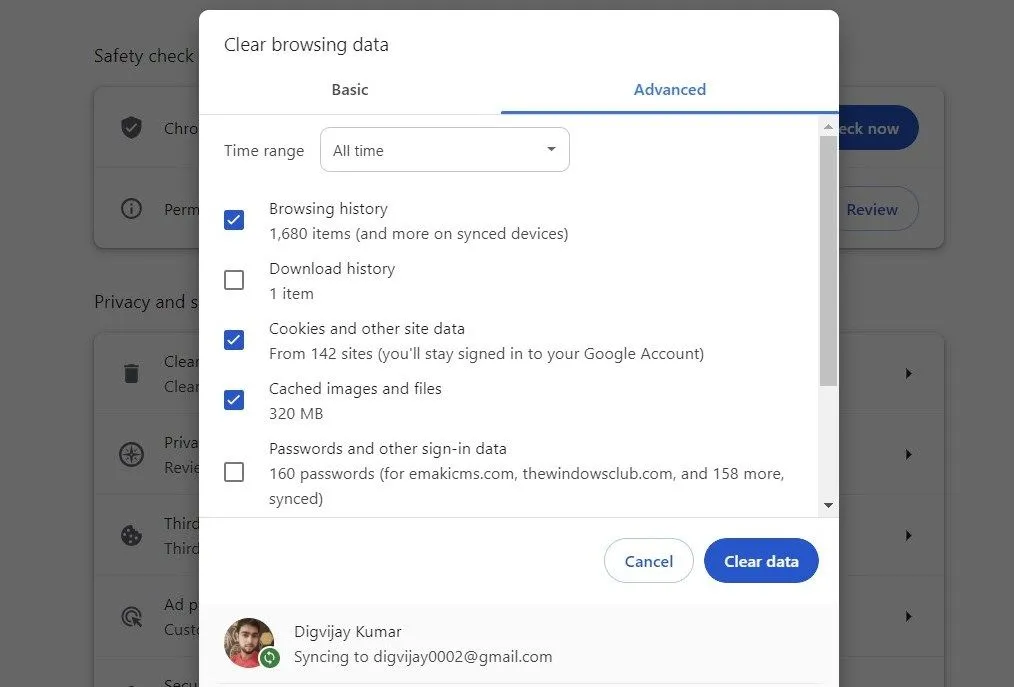 Giao diện xóa dữ liệu duyệt web trên Google Chrome, bao gồm lịch sử và cookie