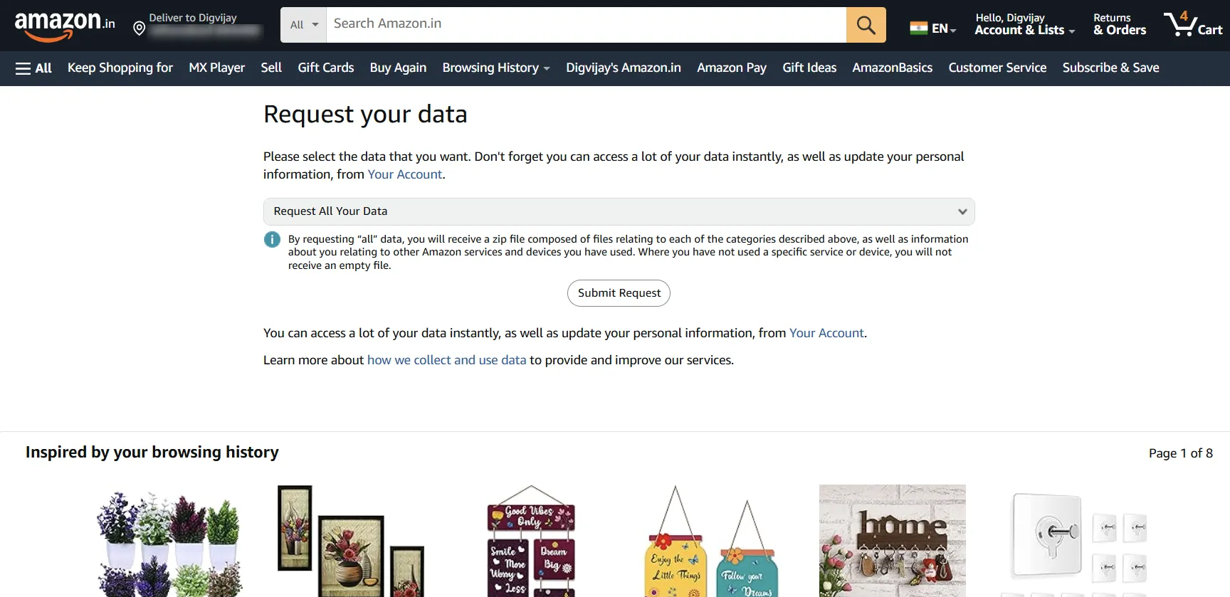 Giao diện yêu cầu tải xuống toàn bộ dữ liệu cá nhân từ Amazon