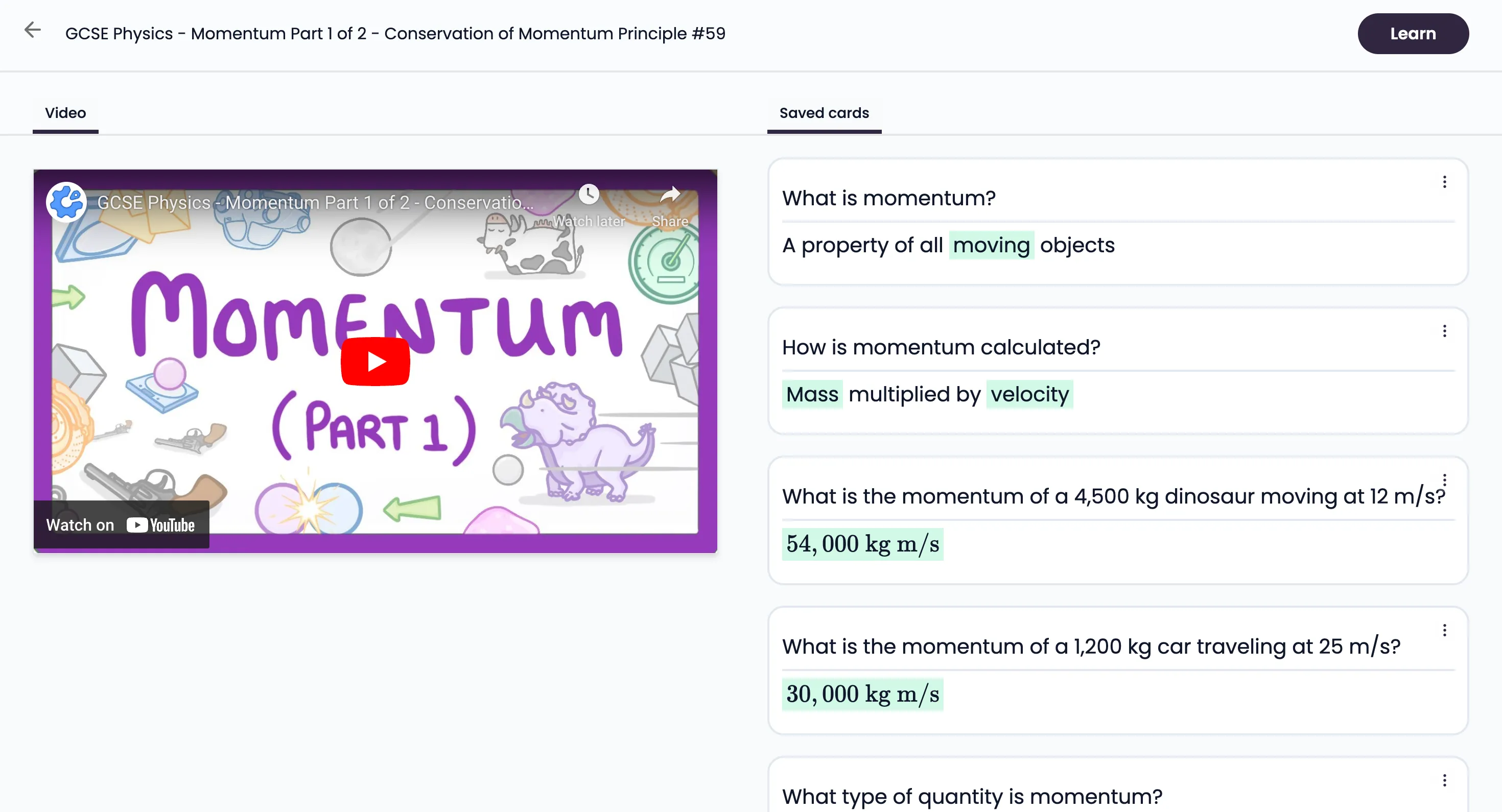 Gizmo hiển thị flashcard được tạo từ video YouTube về khái niệm Momentum