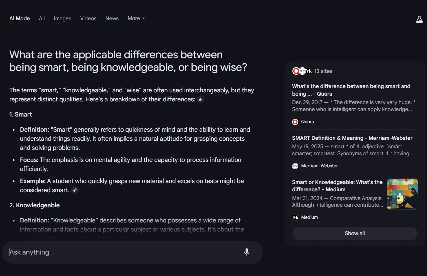 Google AI Mode đưa ra câu trả lời cân bằng và sâu sắc cho các câu hỏi trừu tượng hoặc triết học.