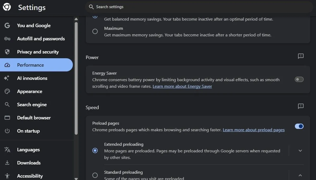Google Chrome hiển thị tùy chọn tiết kiệm năng lượng đã tắt