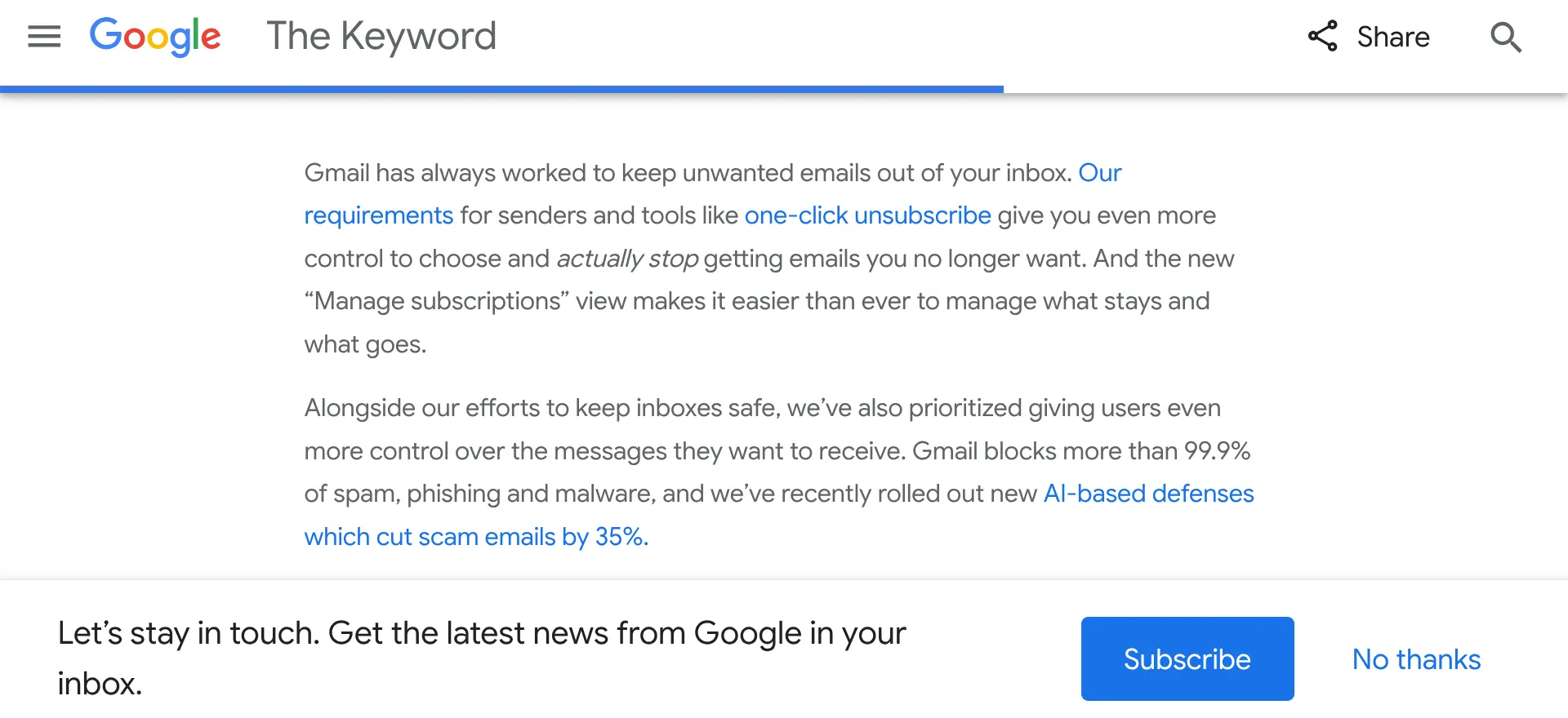 Google Gmail giới thiệu tính năng quản lý đăng ký giúp dọn dẹp hộp thư đến.