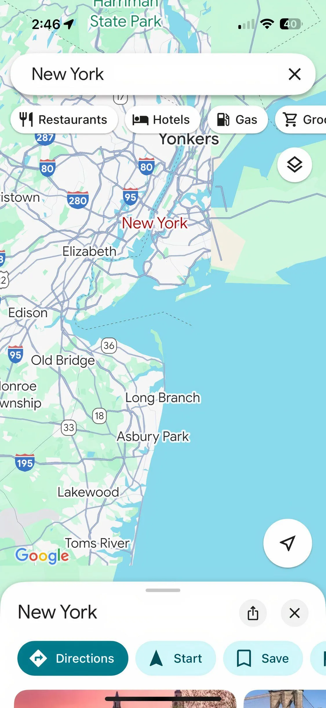 Google Maps hiển thị bản đồ thành phố New York