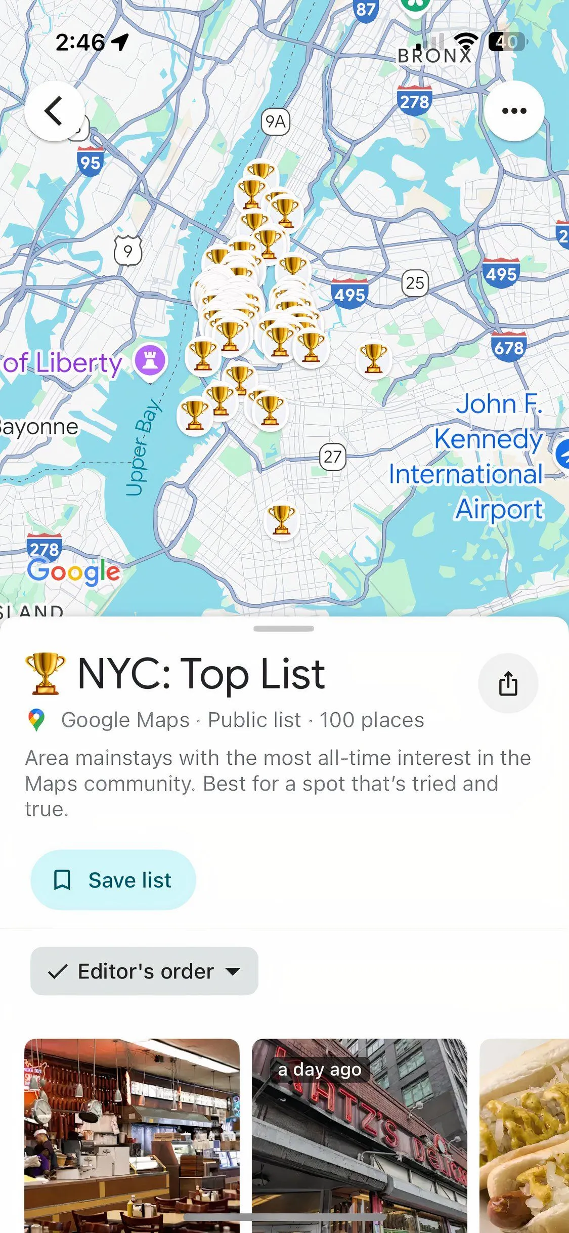 Google Maps hiển thị danh sách địa điểm nổi bật tại NYC