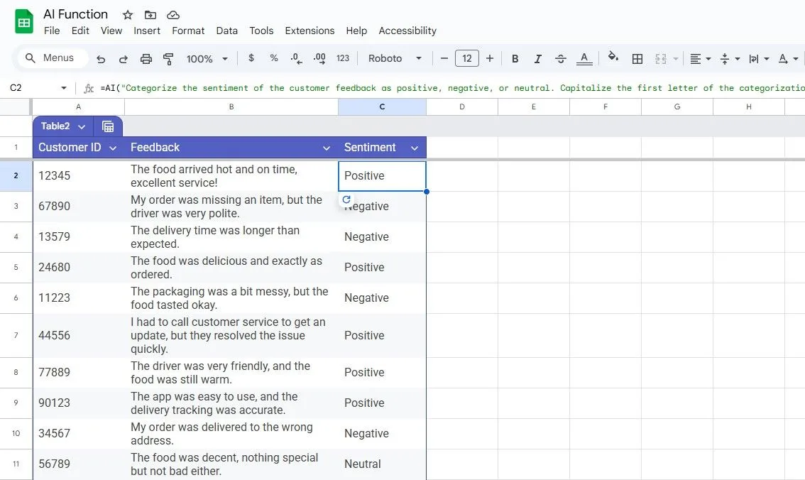 Google Sheets áp dụng hàm AI() để tự động phân tích và gán nhãn cảm xúc (Tích cực, Tiêu cực, Trung lập) cho từng phản hồi khách hàng.