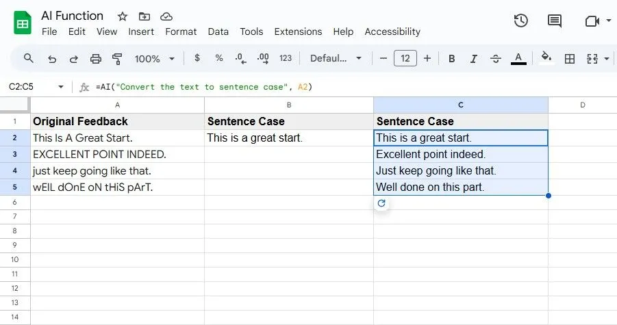 Google Sheets sử dụng hàm AI() để tự động chuyển đổi một loạt ô văn bản sang định dạng viết hoa chữ cái đầu câu một cách nhanh chóng.