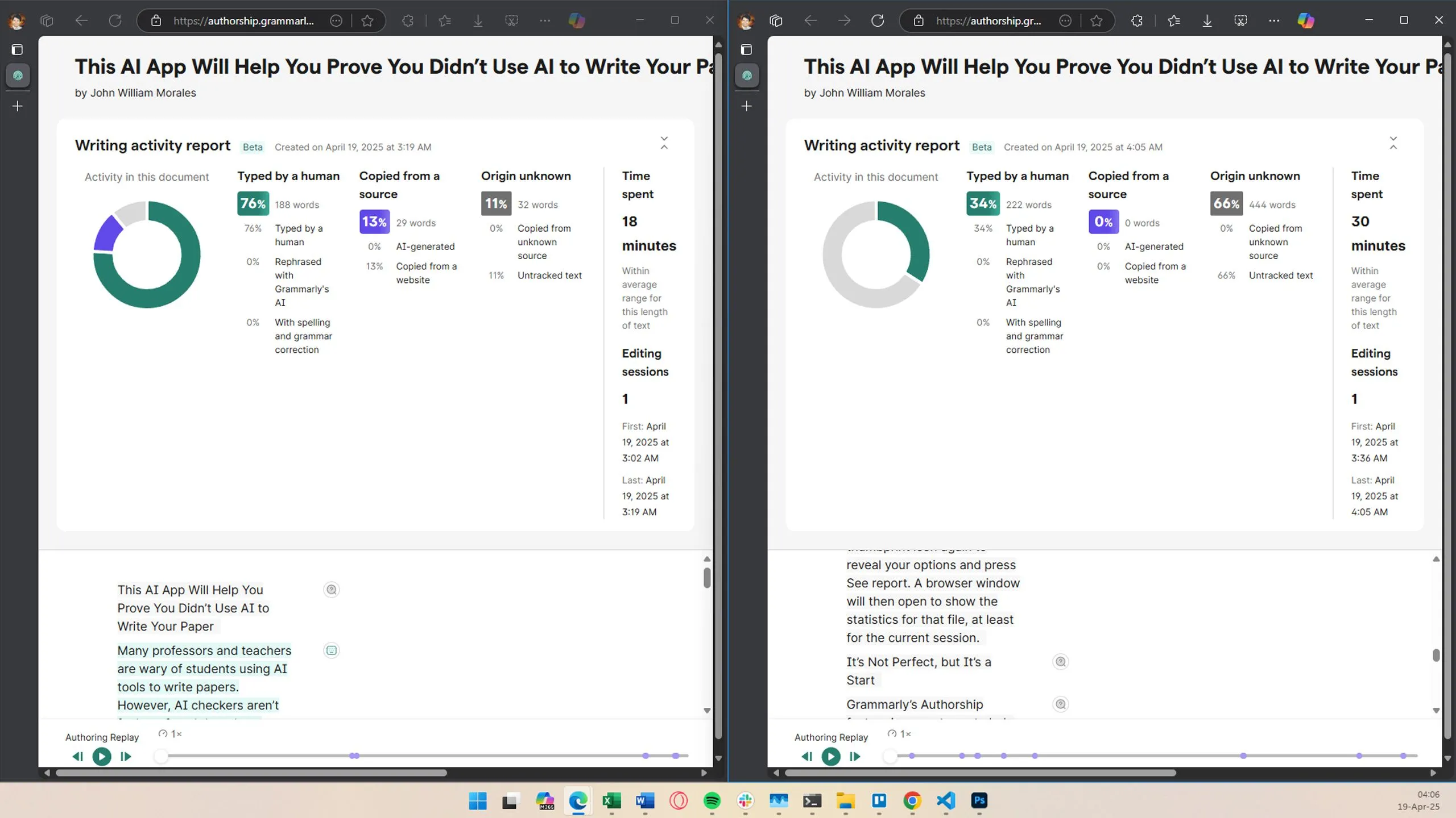 Grammarly Authorship hiển thị 'Origin unknown' cho văn bản cũ sau khi tệp được khởi động lại, cho thấy hạn chế của tính năng theo dõi phiên hiện tại.