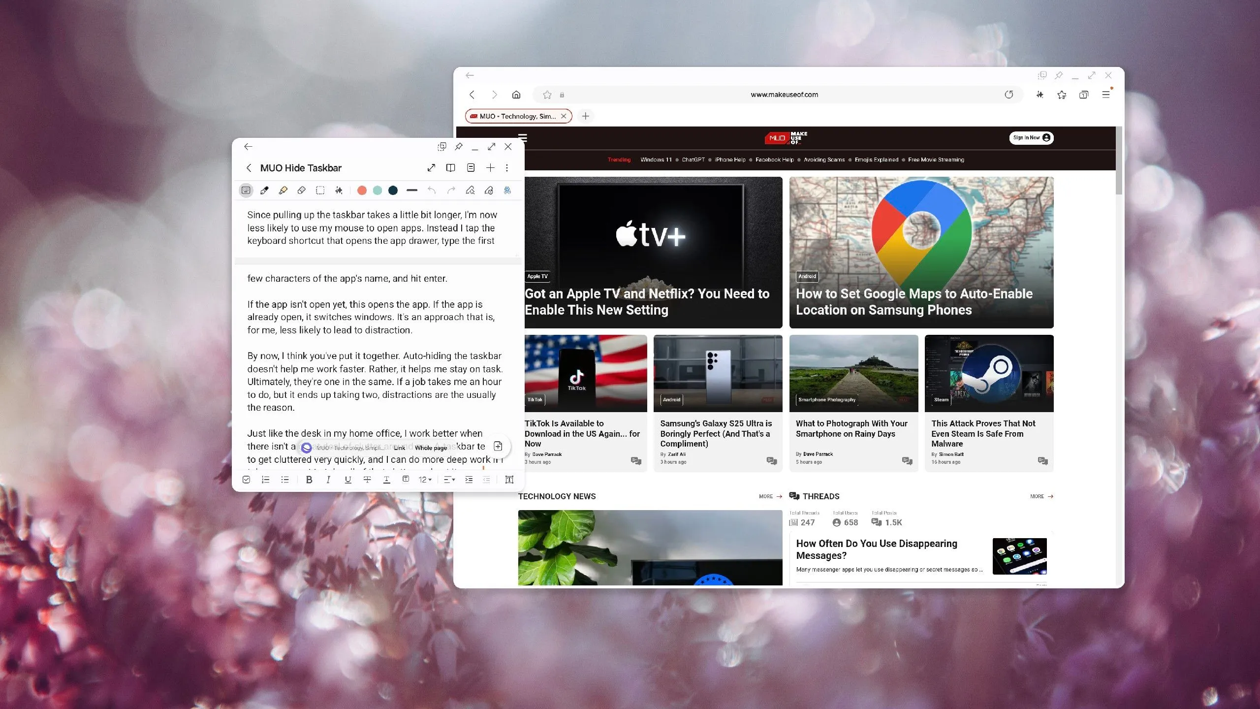 Hai ứng dụng Samsung Notes và Samsung Internet đang mở trên Samsung DeX, minh họa không gian làm việc tập trung không bị taskbar làm phiền.