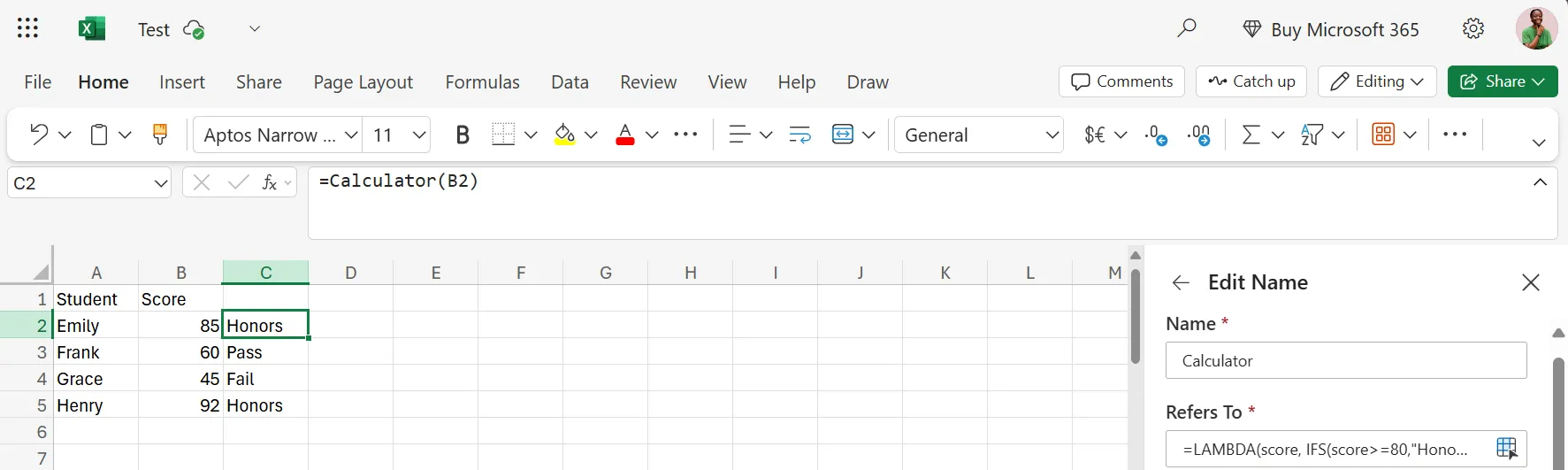 Hàm LAMBDA Score Calculator tùy chỉnh trong Excel giúp tính điểm tự động