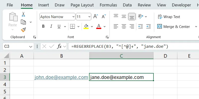 Hàm REGEXREPLACE trong Excel thay thế phần tên người dùng trong địa chỉ email.