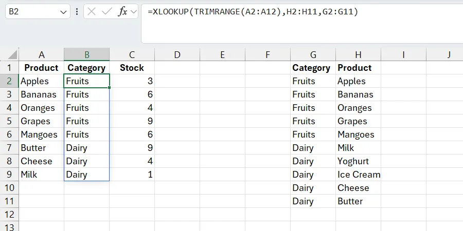 Hàm XLOOKUP trong Excel đã được loại bỏ lỗi #N/A nhờ sử dụng hàm TRIMRANGE.
