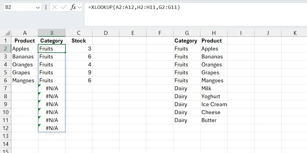 Hàm XLOOKUP trong Excel trả về lỗi #N/A do vùng tra cứu chứa các ô trống.