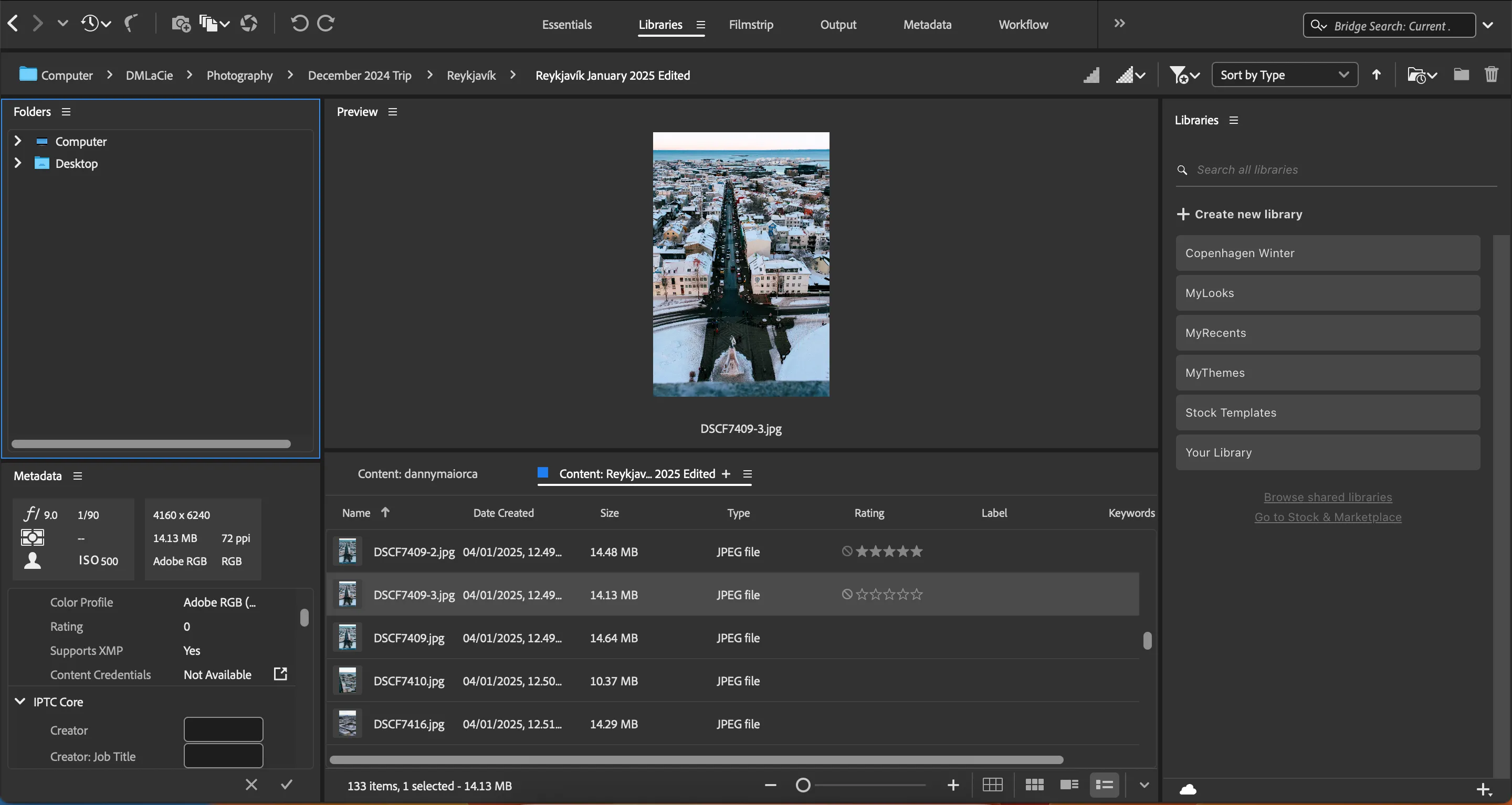 Hệ thống đánh giá sao 1-5 và biểu tượng loại bỏ ảnh trong Adobe Bridge giúp phân loại và quản lý ảnh nhanh chóng.