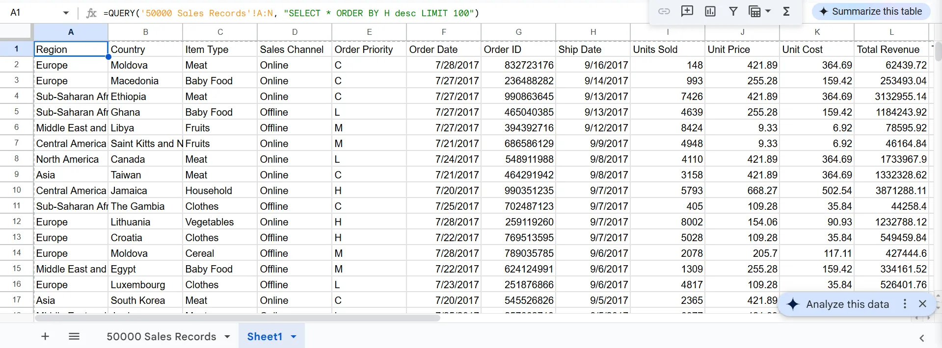 Hiển thị kết quả QUERY với ORDER BY và LIMIT để lấy 100 dòng dữ liệu mới nhất trong Google Sheets