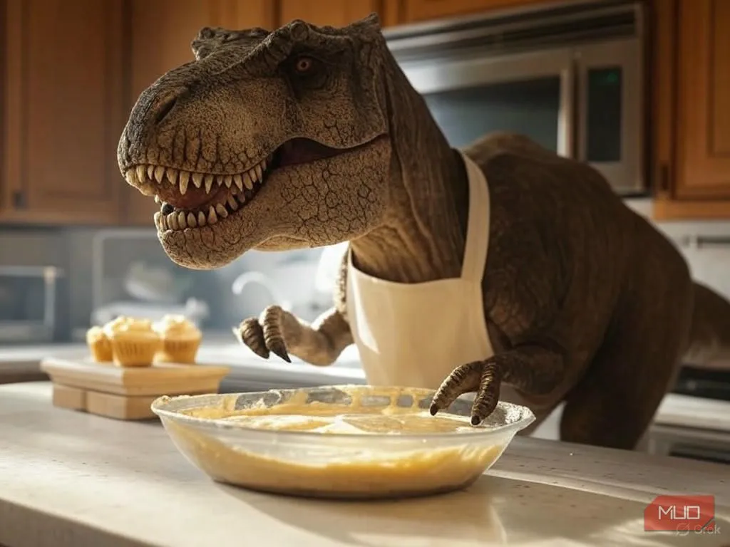 Hình ảnh AI tạo ra khủng long T. Rex đang nướng bánh cupcake với tạp dề đầu bếp, thể hiện sự linh hoạt của mô hình Grok Aurora.