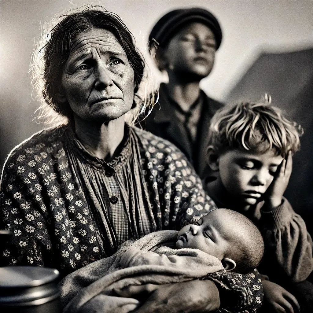 Hình ảnh AI tạo ra lấy cảm hứng từ &quot;Migrant Mother&quot;, với một người phụ nữ và trẻ em