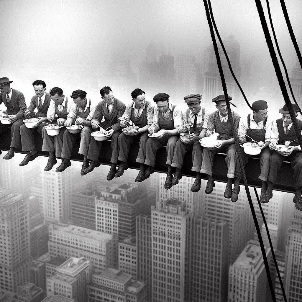 Hình ảnh AI tạo ra mô phỏng lại bức ảnh &quot;Lunch atop a Skyscraper&quot; với các công nhân ngồi trên dầm