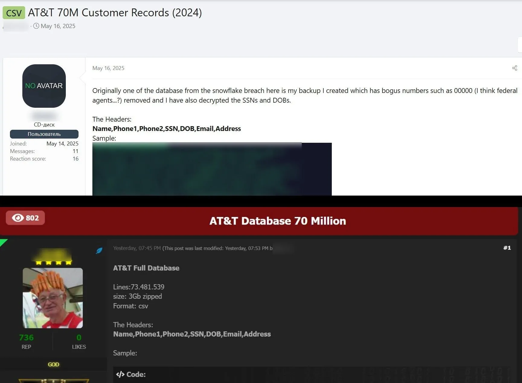 Hình ảnh bài đăng trên diễn đàn tin tặc rao bán dữ liệu rò rỉ của AT&T, minh họa mức độ nghiêm trọng của sự cố bảo mật.