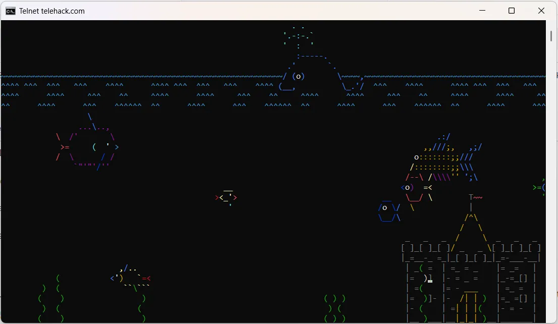 Hình ảnh bể cá cảnh động dưới dạng ký tự ASCII hiển thị trong Command Prompt trên hệ điều hành Windows.