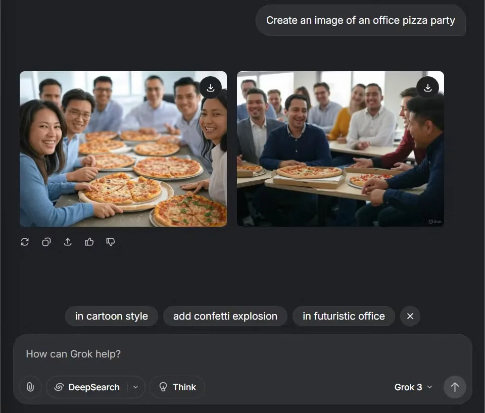Hình ảnh bữa tiệc pizza được tạo bằng Grok Aurora, minh họa khả năng tạo ảnh thực tế của Grok.