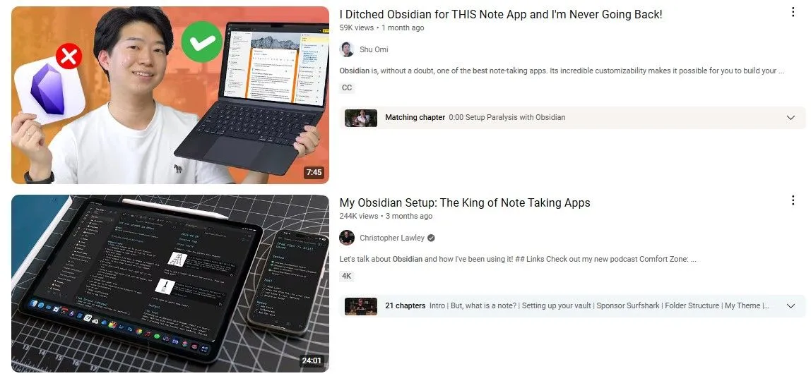 Hình ảnh các video YouTube từ những người có ảnh hưởng về năng suất, thổi phồng khả năng của Obsidian và các công cụ quản lý tri thức.