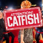 Hình ảnh cảnh báo Catfishing với biển hiệu và nền là paparazzi vây quanh người nổi tiếng