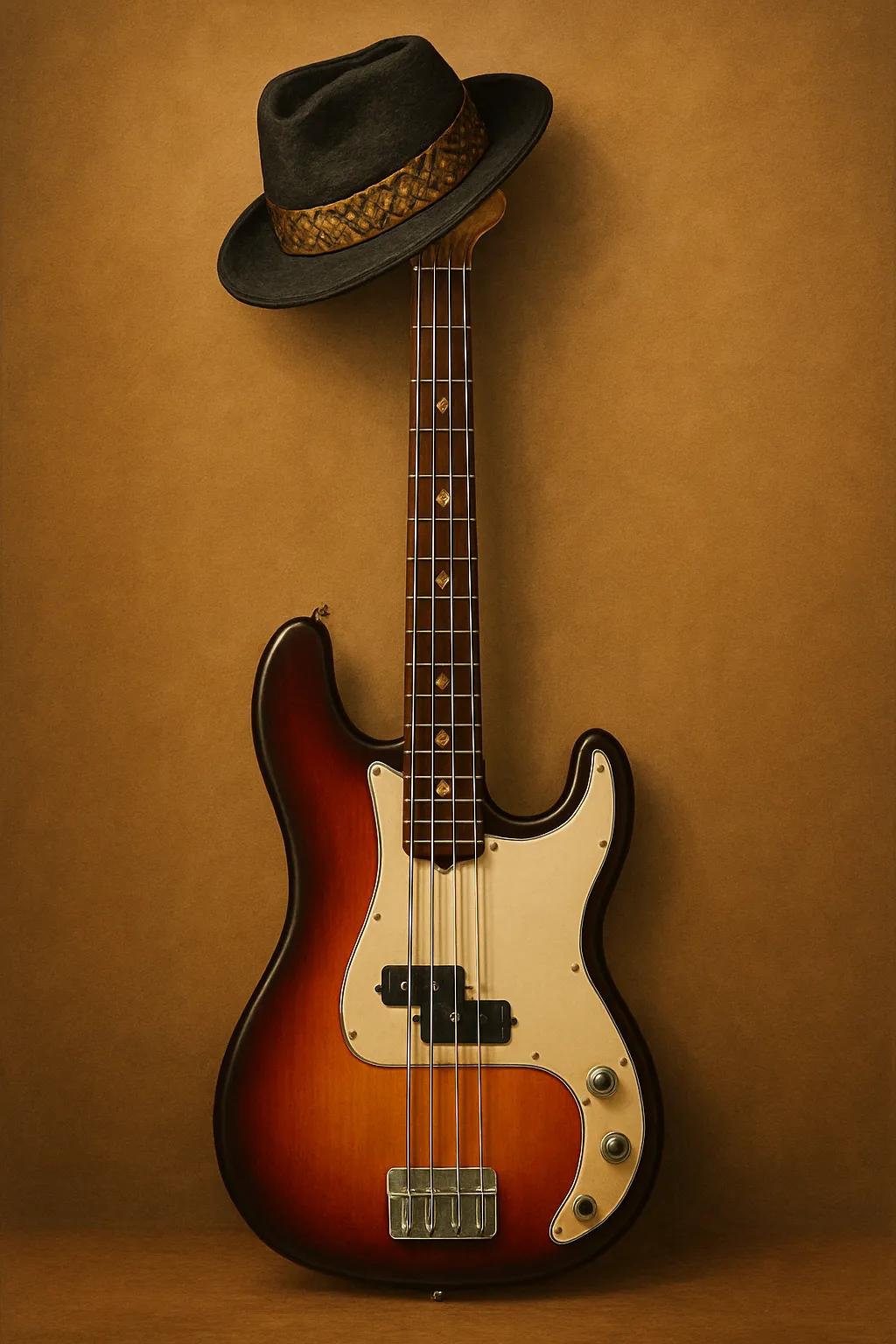 Hình ảnh đàn guitar bass và mũ fedora đen, minh họa bìa sách do AI tạo ra cho cuốn sách về cách chơi nhạc cụ.