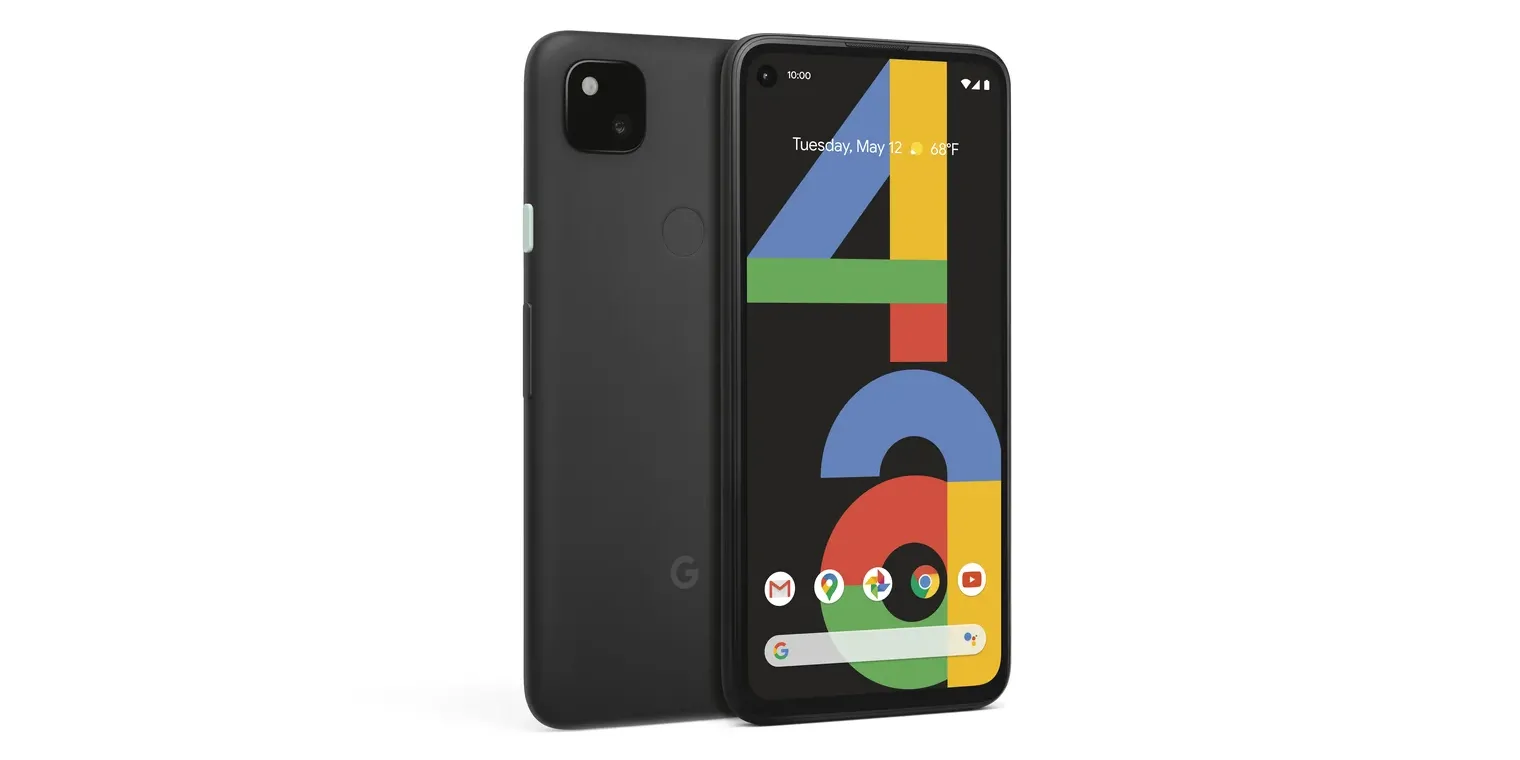 Hình ảnh điện thoại Google Pixel 4a nhìn từ mặt trước và mặt sau.