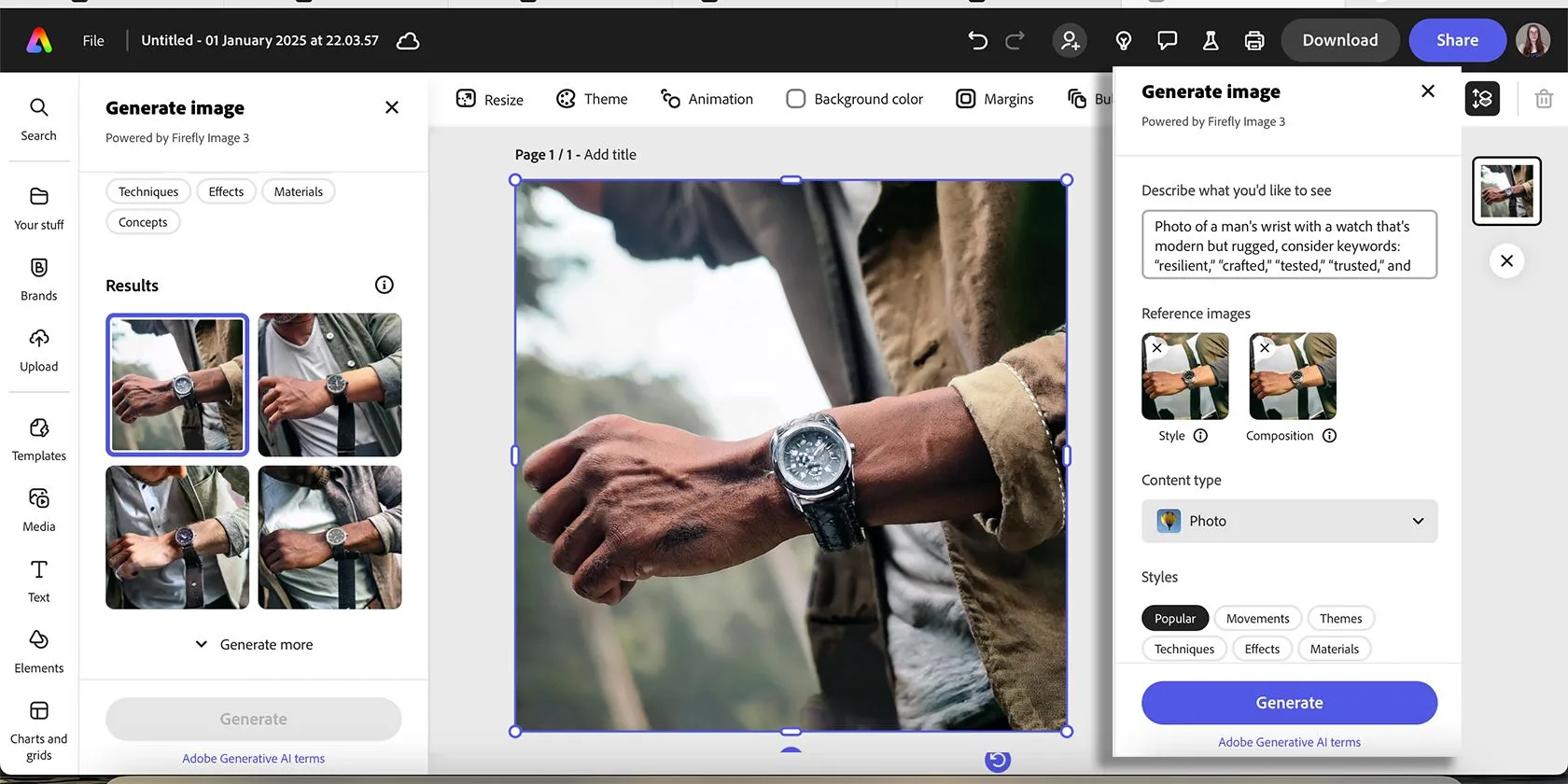 Hình ảnh đồng hồ được tạo bởi Adobe Firefly thông qua Adobe Express AI Image Generator, minh họa khả năng tạo hình ảnh phong cách sống của AI.